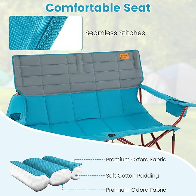Goplus Double Camping Chair for Adults Low Outdoor Folding Loveseat Couch Chair w/Cup Holders Thick Padding Heavy-Duty 2 Person Lawn Chair for Beach Picnic Travel Supports 660 LBS(2-Person Seat)