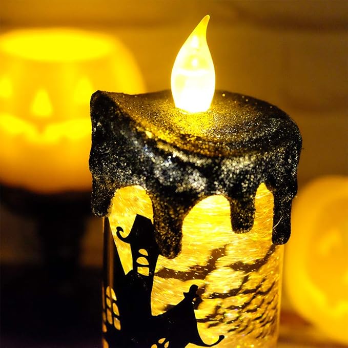 Eldnacele Halloween Snow Globe Candles Lighted Lamp Battery Operated Spooky Spinning Water Glittering Tornado Candle Flameless Candles Table Centerpiece for Halloween Decoration Indoor(Castle)