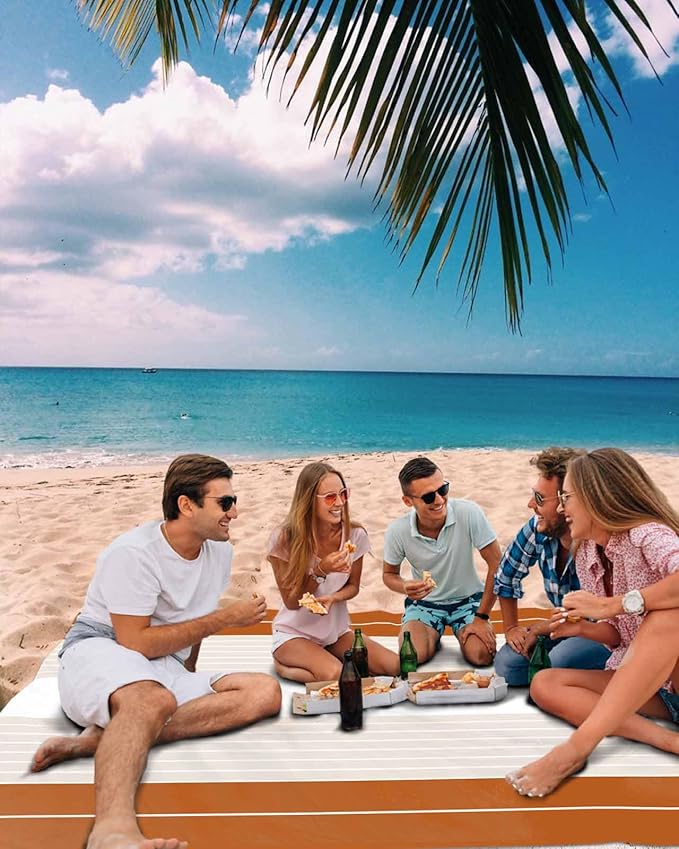 Beach Blanket Waterproof Sandproof Picnic Blanket 83x79 Foldable Beach Mat with Striped Gradient Simple Caramel Pattern for Camping Park Grass Beach Travel
