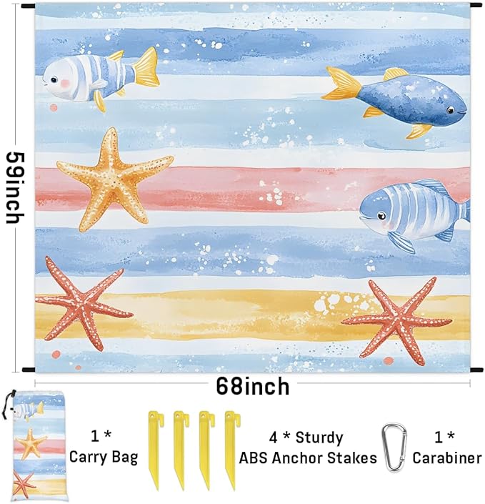 Waterproof Sandproof Beach Blanket 59''×68'' Happy Fish Pattern Polyester Outdoor Picnic Blanket with 4 Stakes &amp Storage Bag for BeachCampingVacation