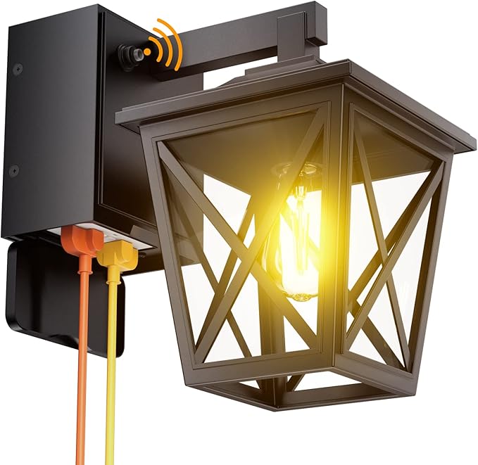 Ehaho Porch Lights with Outlet Dusk to Dawn Outdoor with Outlet Built-in Waterproof Anti-Rust Aluminum Outside Light with GFCI Outlet Wall Sconce Light with Plug for Front Door (Black 1PC)