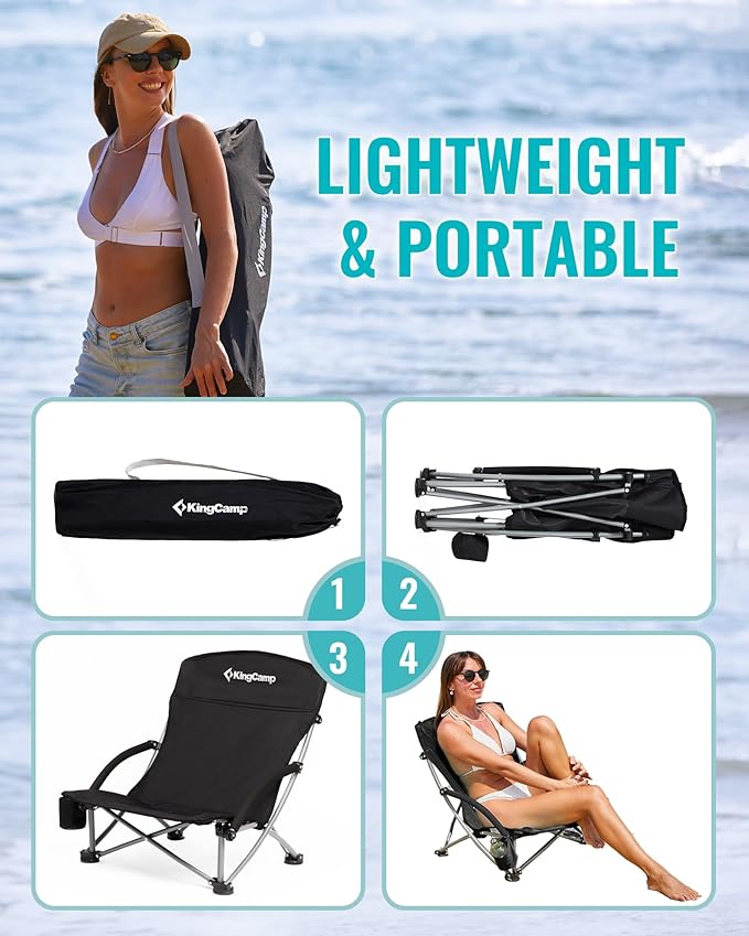 KingCamp Low Beach Chair High Back Folding Camping Chair for Adults Oversized Breathable Mesh Seat 300lbs Heavy Duty Portable Chair with Cup Holder &amp Storage Pockets for Beach Outdoor
