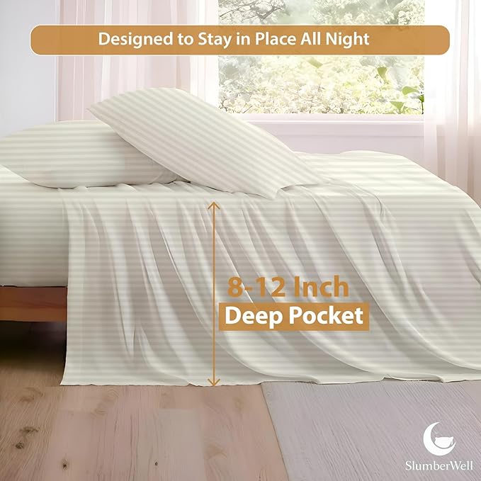 SlumberWell California King Sheet Set 4 Piece Luxury Soft Microfiber RV Camper Bedding 8 to 12 Inch Deep Pocket Sheets Fits 72x84 Mattress Ivory Stripe