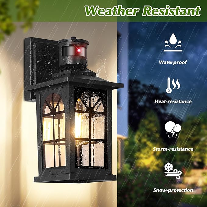 Motion Sensor Outdoor Light Fixture Dusk to Dawn Porch Light Outdoor Wall Sconce Lantern Aluminum Exterior Lighting Fixture Wall Mount 3 Lighting Modes Outside Lights for House Front Door Garage