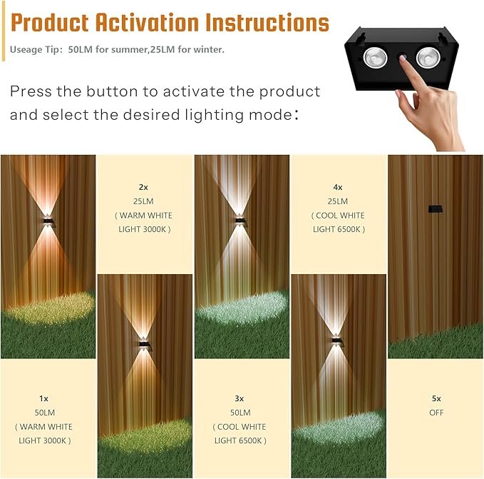 8-Pack Solar Fence Lights Up &amp Down Lighting 50LM/25LM 4 Modes (3000K/6500K) IP65 Waterproof 1200mAh Battery Screw/Adhesive Mount for Garden Wall Path Deck