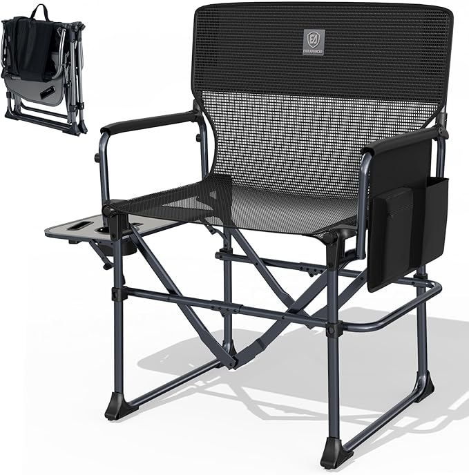 EVER ADVANCED Camping Directors' Chair with Side Table Portable Folding with Compact Size Breathable &amp Quick Dry Design Heavy Duty Lawn Chair with Pocket 400lbs Textilene Mesh Black