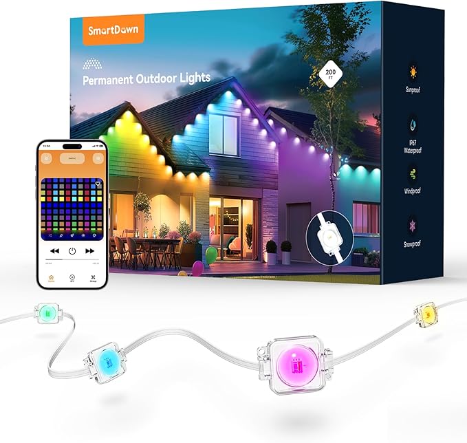Permanent Outdoor Lights 200FT with 128 Smart LED Lights DIY Scene Mode IP68 Waterproof Christmas Light for Daily and Accent Lighting Outdoor Decor House Roof Holiday Decorations