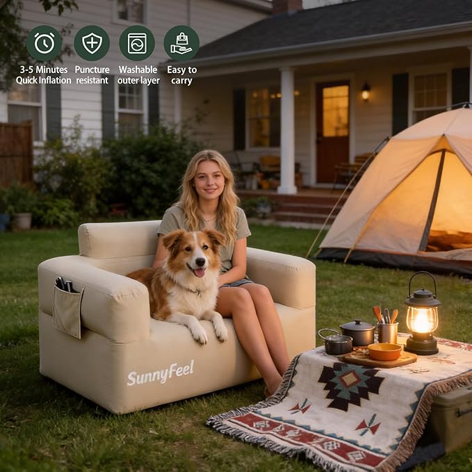 SUNNYFEEL Inflatable Sofa Chair Heavy Duty 330LBS Portable Air Sofa with Built-in Pump 1000D Oxford Fabric for Camping Beach &amp Travel (Beige-Single)