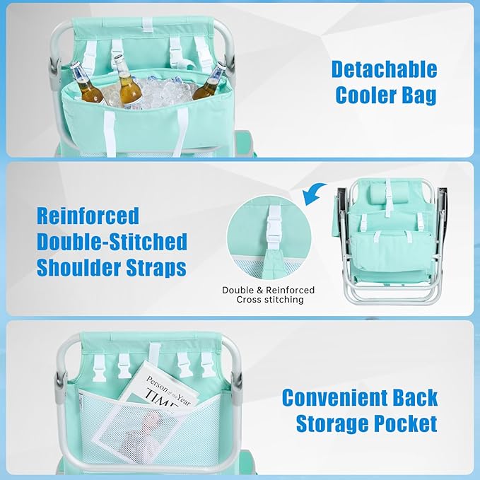 SUNNYFEEL Low Beach Chairs for Adults 5 Position Lay Flat Portable Folding Backpack Beach Chair Heavy Duty with Cooler Bag Cup Holder for Outdoor/Lawn/Picnic/Sand Foldable Camping Chair