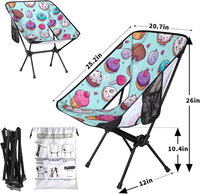 Honeybaby Folding Camping Chair Various Ice Creams Camping Chairs Lightweight Portable Chair Outdoor Foldable Chairs for Camping Travel Picnic Beach Hiking