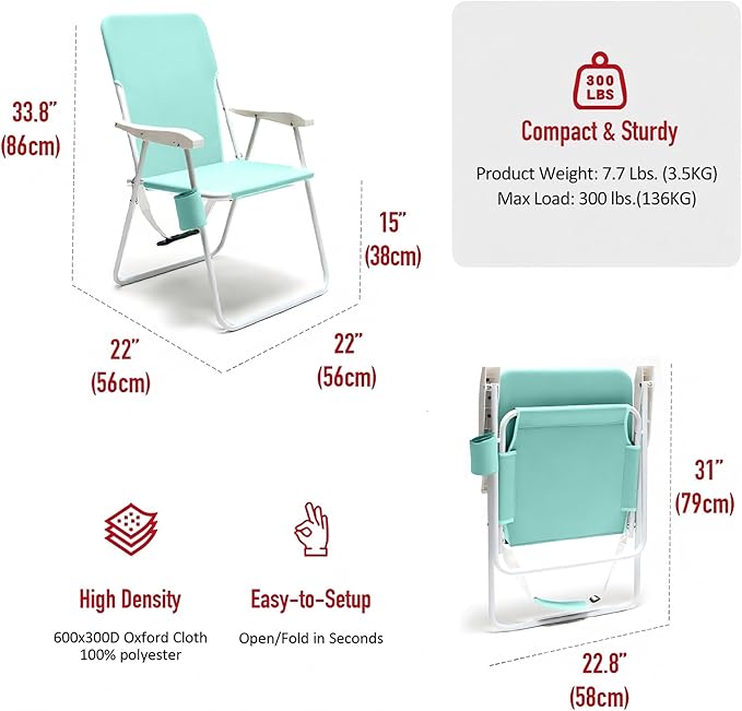 SUNNYFEEL Tall Folding Lawn Beach Chair Lightweight Portable Sand Chair for Adults Heavy Duty 300 LBS with Cup Holders Foldable Camping Lawn Chairs for Camp/Outdoor/Travel/Picnic/Concert/Sports