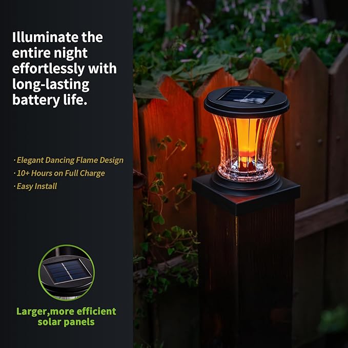 Glass Solar Flame Post Cap Lights Outdoor Waterproof Flickering Flame Solar Powered Fence Post Lights with Modular Design Auto On/Off for Deck Patio Garden 4x4 Vinyl/Wood Posts (2 Pack)