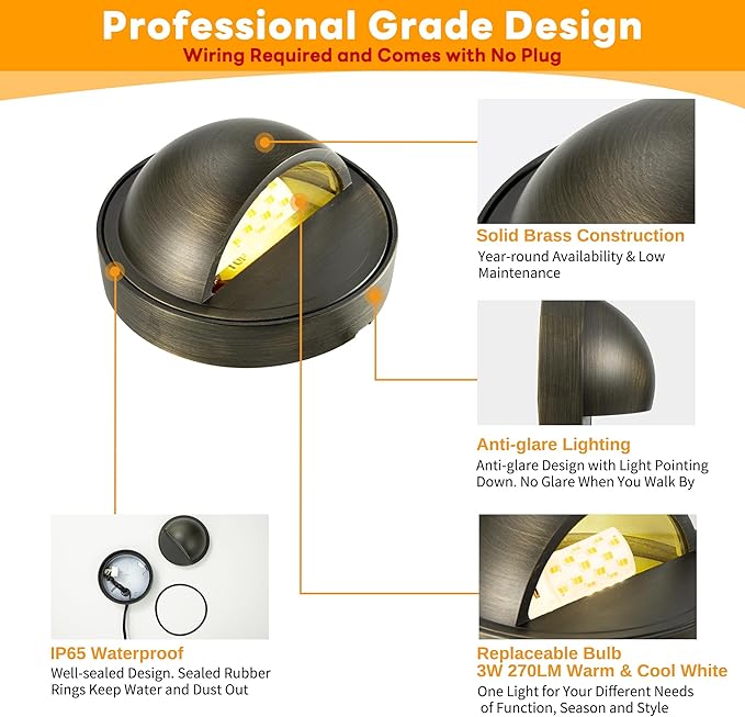 Gardenreet Low Voltage Deck Lights - Solid Brass Landscape Step Lights LED 12V Hardwired IP65 Waterproof Bronze Round for Stair Wall Yard with 3W 270LM Dimmable Warm &amp Neutral White G4 Bulb 8 Pa