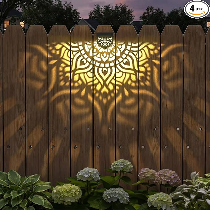 4 Pack Solar Fence Lights Outdoor Wall Lights Plastic Solar Powered Deck Step Stair Lights Mandala Theme Waterproof Fence Solar Light for Garden Post Patio Yard Decor Gardening Gifts for Women Mom