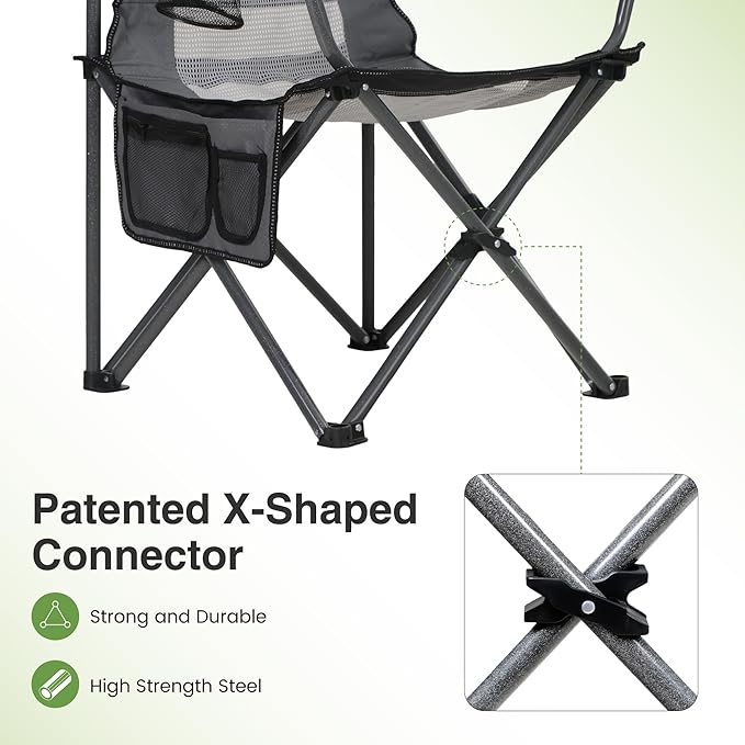 LET'S CAMP Mesh Back Camping Chair Portable Folding Heavy Duty Outdoor Chair Support 330 LBS Durable Large Arm Chair with Cup Holder and Carry Bag for Camp Fishing Hiking Black