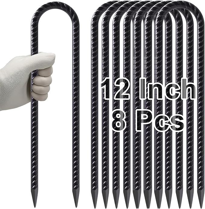 VVOKGO Trampoline Stakes 12 Inches Anchors High Wind Heavy Duty 8-Pack U Shaped Tie Down Anchor Kit for Ground Camping Tent Soccer Net Swing Set Black