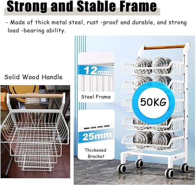Snack Organiser 5-Tier Snack Cart Organizer with Wheels Adjustable Fruit Vegetable Basket Candy Display Metal Retail Chip Rolling Holder for Concession Stand
