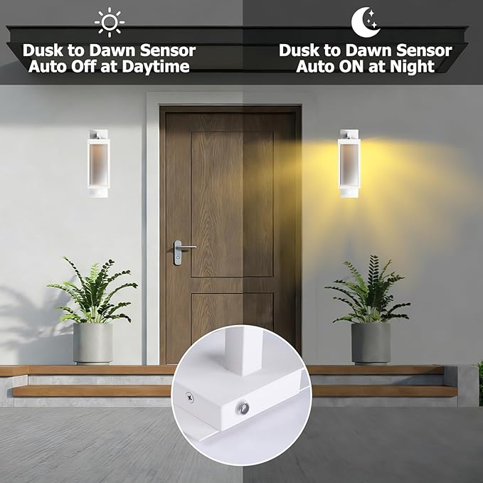 Dusk to Dawn Outdoor Wall Light 15 inch Exterior Light Fixture Wall Mount for House Front Porch Light White Anti-Rust Aluminium Exterior Wall Sconce Lamp with Tempered Glass for Doorway Garage