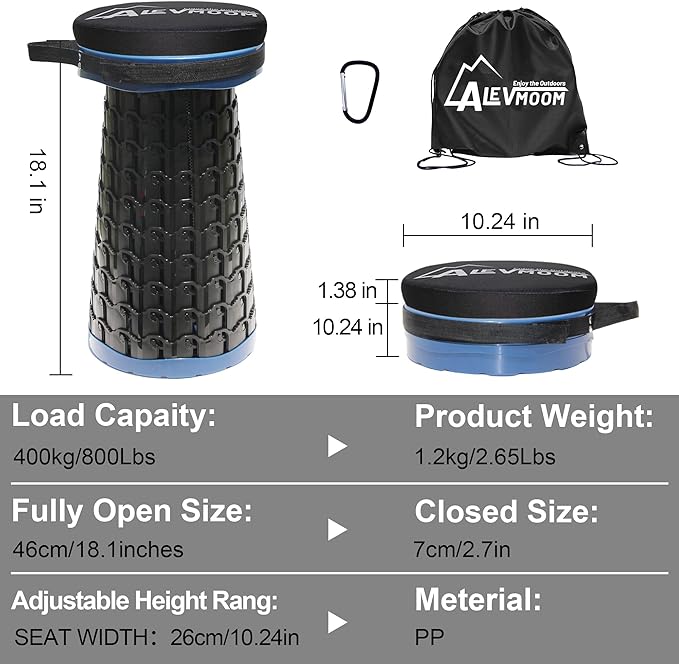 Upgraded Collapsible Stool with Cushion 880Lbs Max Weight Portable Folding Height Adjustable Lightweight Retractable Telescoping Stool for Camping Outdoors Fishing Hiking Travel BBQ with Carry Bag