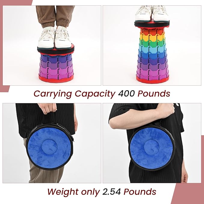 2 Pack Portable Telescoping Stools Collapsible Stool with CushionRetractable Foldingstool Max Load Capacity 400lbs Portable Collapsible Stools for Camping Hiking Outdoor BBQ Rainbow-Red