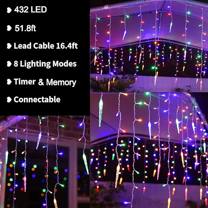 LYHOPE Christmas Icicle Lights 432 LED 35.4ft 8 Modes Low Voltage Icicle String Lights with 72 Drops Icicle Fairy Twinkle Lights for Xmas Eaves Wedding Garden Outdoor Indoor Decor (Multicolor)