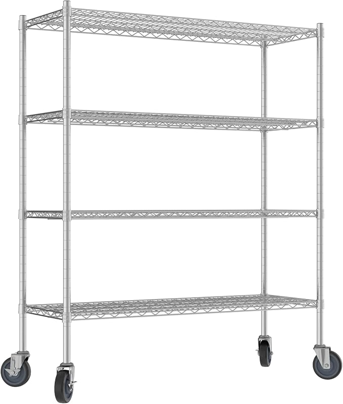 Commercial NSF Listed Chrome Mobile Wire Shelving Kit 18 x 48 x 60 with 4 Shelves Perfect for Warehouse Walk-in Refrigerator Freezer Grocery Store Restaurant Dishroom