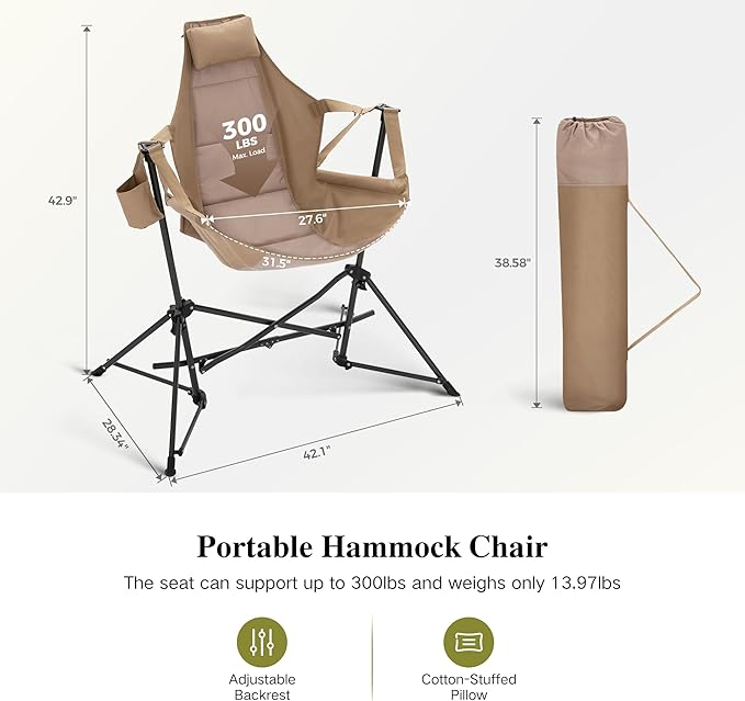HIGH POINT SPORTS Hammock Camping Chair Adjustable Back Swinging Chair Folding Outdoor Rocking Chair Heavy Duty Portable Camp Chair with Cup Holder and High Back for Adults Beige