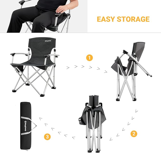 Kingcamp Aluminum Hard Armrest with Cup Holder Portable Padded Deluxe Chair with Carry Bag Heavy Duty Supports 300 lbs for Outdoor Black