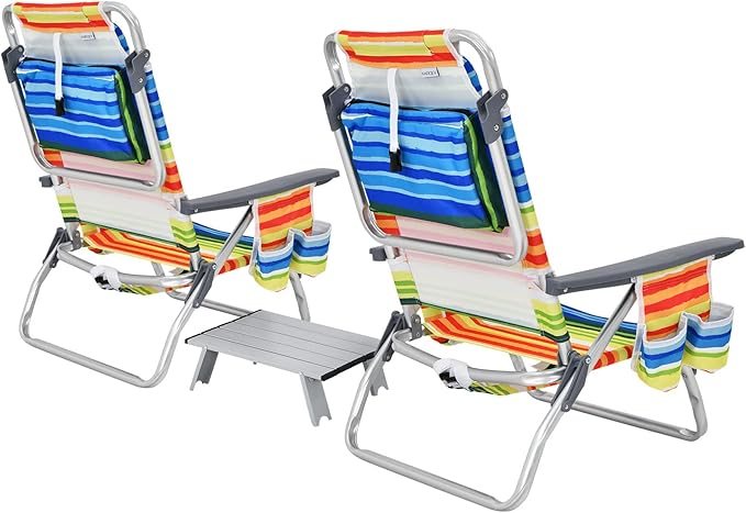 S AFSTAR Folding Beach Chair Set 2 Pack Folding Chair and Aluminum Small Table 5-Position Adjustable Camping Chairs with Ice Bag Comfort Pillow 3 PCS Backpack Recline Beach Chairs (Color Strip)