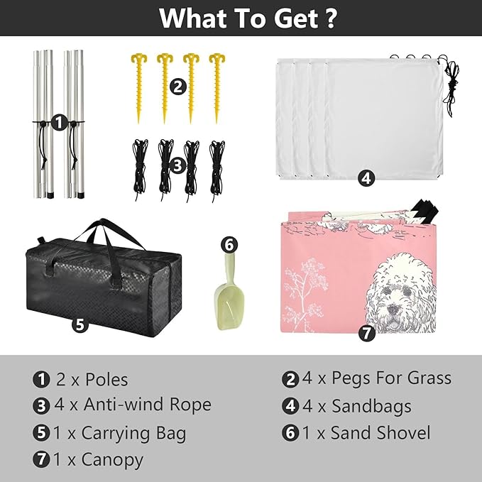 White Poodles Beach Tent Sun Shelter 9.2' x 10.5' Beach Canopy with 4 Sandbags 4 Stability Poles Sand Shovels - Tent Canopy for Beach Camping Fishing Picnics