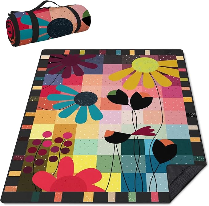 Abstract Floral Picnic Blankets Waterproof Foldable 60″X80″ Thick Picnic Mat Outdoor Blanket for Grass Modern Beach Blanket Sandproof Picnic Accessories for Camping Party Park Travel