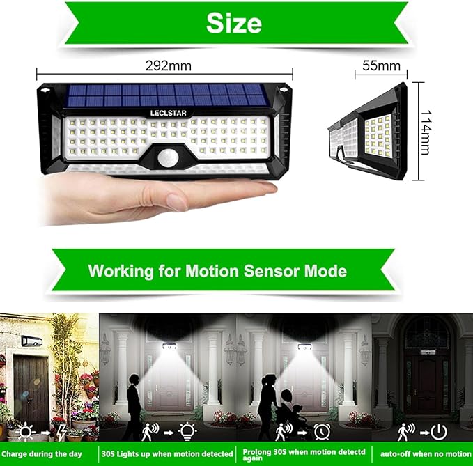LECLSTAR Solar Outdoor Lights - 4000Lm 268 LED Security Lights with 4 Wide Angle Motion Sensor Lights for Outside IP65 Waterproof Solar Powered Wireless Flood Wall Lights with 3 Modes