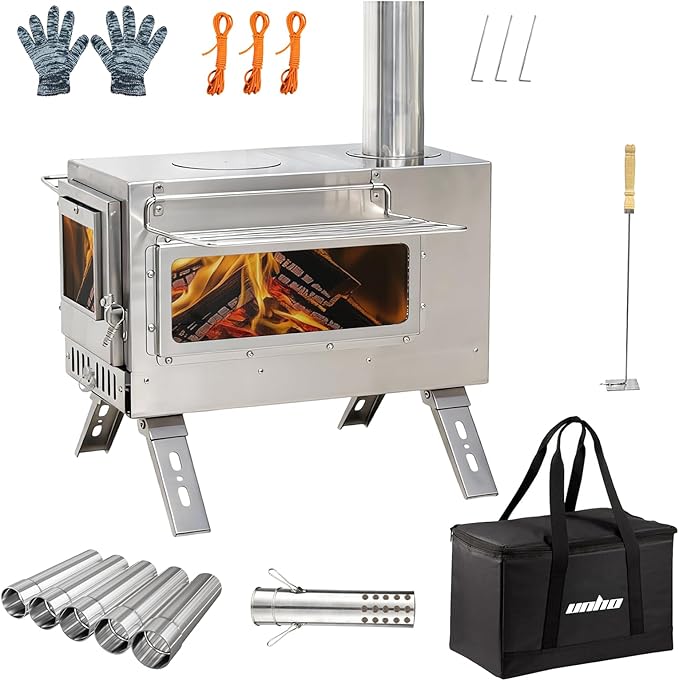 unho Outdoor Wood Burning Stove for Camping Stainless Steel Chimney Pipe Outdoor Heating &amp Cooking Hot Tent Stove