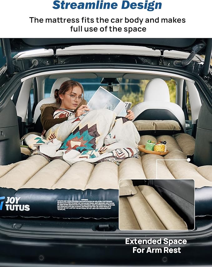 JOYTUTUS Model Y Air Mattress Self-Inflating Camping Bed Compatible with Tesla Model Y Upgraded Built-in Pump Soft Bed Sheets 2 PillowsCamel