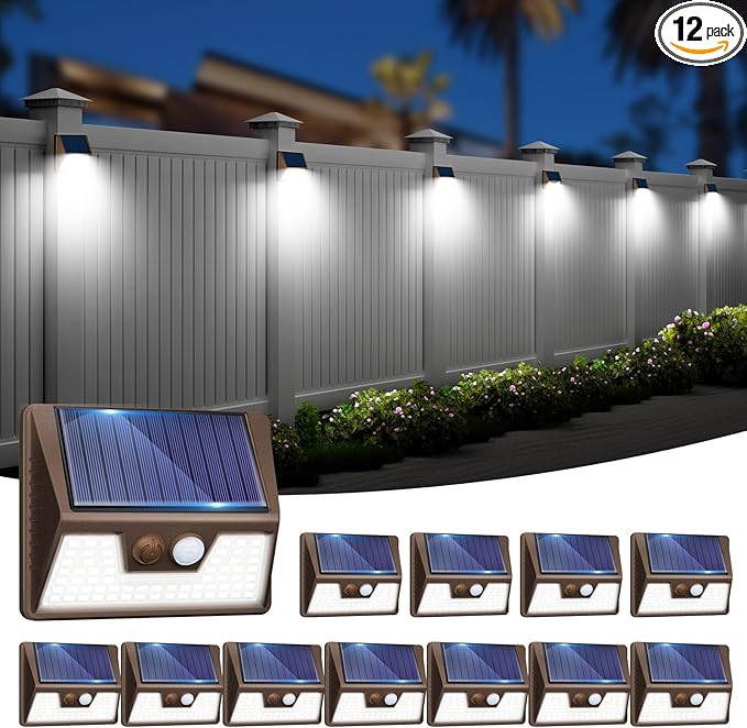 12 Pack Solar Fence Lights Waterproof Motion Sensor Deck Lights Outdoor Cold White LED Outside Lamp Wireless for Wall Yard Steps Stairs Garden - Brown