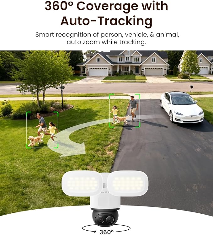 REOLINK TrackFlex Floodlight WiFi 4K Dual-Lens Floodlight Camera 3000 Lumens 360° PTZ 6X Hybrid Zoom Auto-Tracking Privacy Focused Local AI Video Search &amp Storage Dual-Band Wi-Fi 6 AC Hardw