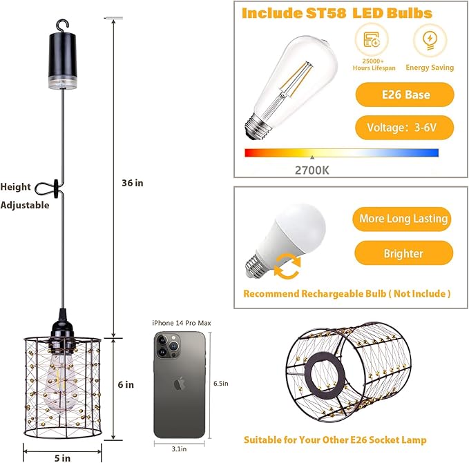 Battery Operated Hanging Outdoor Chandelier Battery Pendant Light Gazebo Lights Outdoor Waterproof 4 AA Batteries for Gazebo Pergola Porch Patio Indoor/Outdoor Decor Lighting (3)