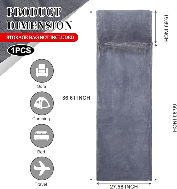 Flannel Sleeping Bag Liner for Adult Travel Camping in Warm Cold Weather Soft Fluffy Travel &amp Hotel Sleeping Bag Liner with Zipper for Hiking Camping Indoor Outdoor Use