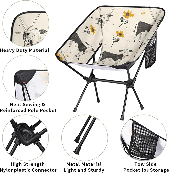 Honeybaby Folding Camping Chair Flowers Cows Camping Chairs Lightweight Portable Chair Outdoor Foldable Chairs for Camping Travel Picnic Beach Hiking