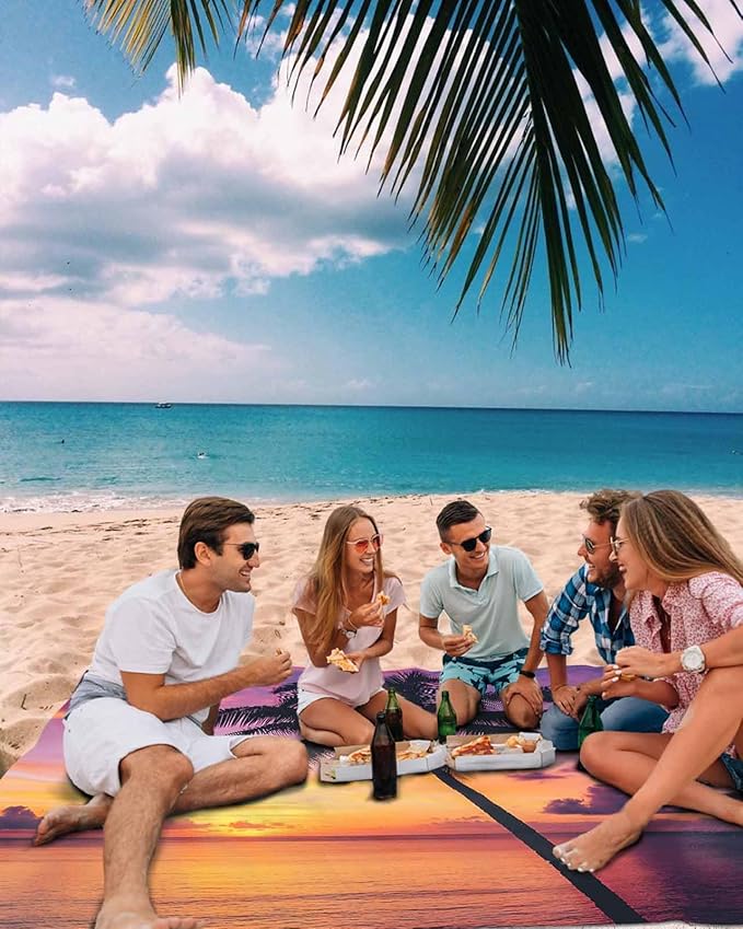 Beach Blanket Waterproof Sandproof Oversized Beach Sunset Coconut Tree Beach Mat with Corner Stakes Sand Pockets Summer Ocean Scenery Outdoor Picnic Mat for Travel Camping Hiking 83x79In