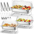 Maxdot 3 Pack Stainless Steel Dish Set Full - Size Food Serving Display Container and Clear Roll Top Cover Utensils and Folding Wire Buffet Rack for Restaurant Hotel Kitchen Party Catering Supplies