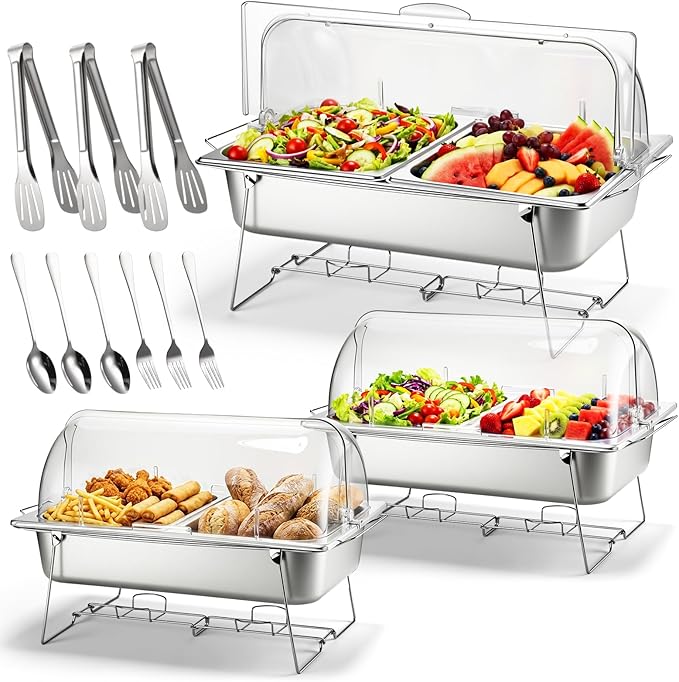 Maxdot 3 Pack Stainless Steel Dish Set Full - Size Food Serving Display Container and Clear Roll Top Cover Utensils and Folding Wire Buffet Rack for Restaurant Hotel Kitchen Party Catering Supplies