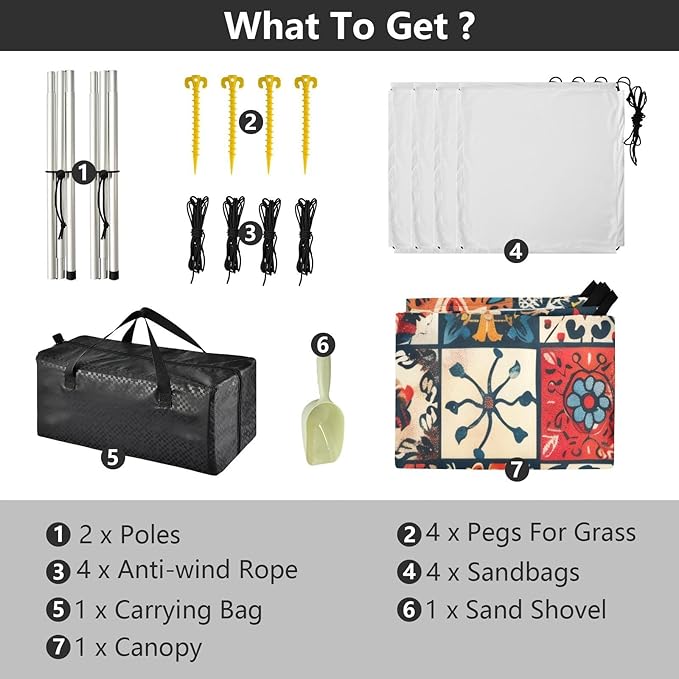 Bohemian Texture Beach Tent Sun Shelter 9.2' x 10.5' Beach Canopy with 4 Sandbags 4 Stability Poles Sand Shovels - Tent Canopy for Beach Camping Fishing Picnics