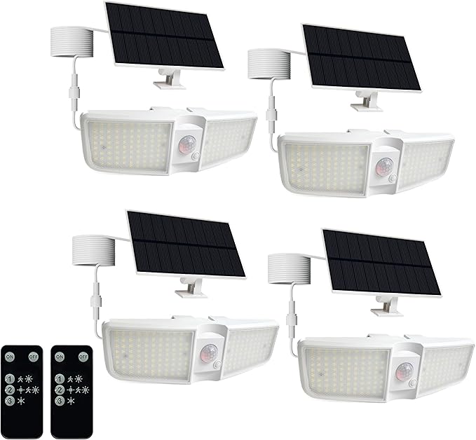 Solar Motion Sensor Outdoor Floodlights 6500K with Remote Control 180 LED WaterproofSolar Security Outdoor Light with IP65 for Wall Porch Barn Patio Garage White 4-PCS