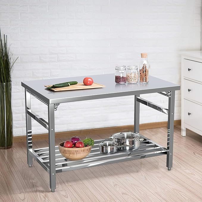 48 x 30 Inch Stainless Steel Prep Table Commercial Worktables &amp Workstations with Adjustable Undershelf Heavy Duty Folding Kitchen Island for Restaurant Kitchen Laundry