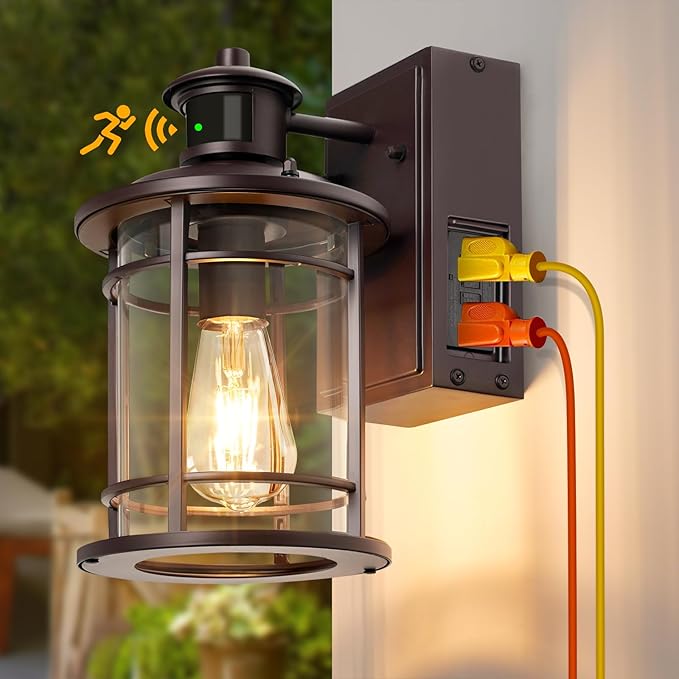 OKELI Retro Industrial Brown Outdoor Wall Lights with GFCI Outlet - Dusk to Dawn &amp Motion Sensor Porch Light 3 Modes Waterproof Anti-Rust Exterior Sconce for PorchGarage Patio House