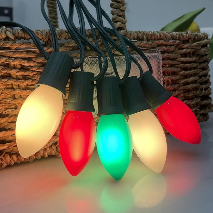SUNSGNE C9 LED Outdoor Vintage Christmas Lights 25FT Christmas Tree Lights with 26 0.6W LED Red Green White Bulbs(1 Spare) for Patio Garden Holiday Home Décor Green Wire