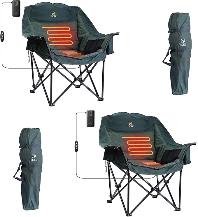 Nice C Heated Camping Chairs with Battery Outdoor Heated Sports Chair Oversized XL Padded Camping Chair Wide&ampThick Heavy Duty 400lb Carry Bag Cup Holder &amp Cooler (Two Green)