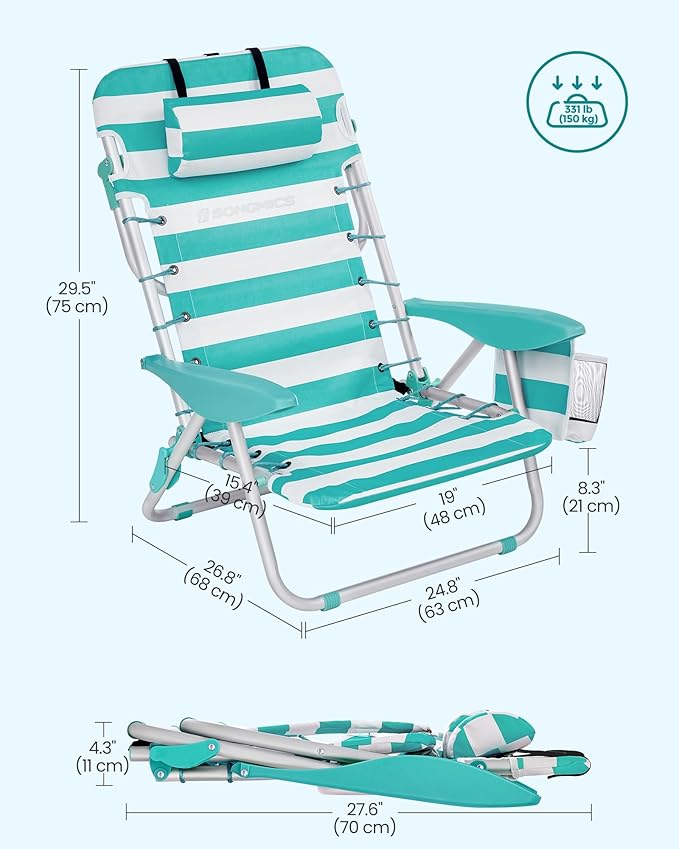 SONGMICS Portable Backpack Beach Chair 331 lb Capacity 4 Angles Adjustable Backrest 2 Side Pockets Towel Bar Green and White UGCB62JW