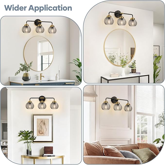 Bathroom Light Fixtures 3-Light Smokegray Vanity Lights with Unique Leaf Texture Glass Shade Modern Matte Black and Gold Bathroom Wall Lamp for Mirror Hallway Cabinet Living Room